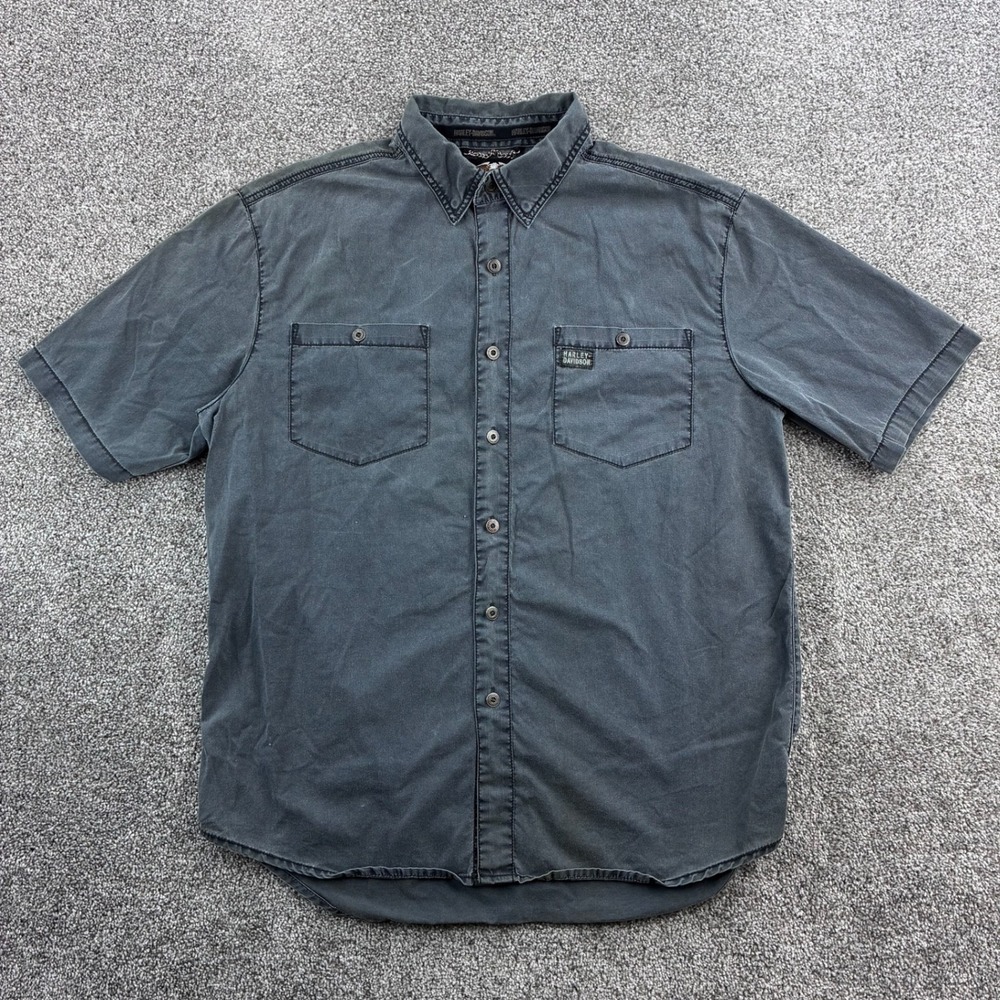 Harley‎ Davidson Shirt Mens L Black Faded Embroidered Biker Button Up Grunge